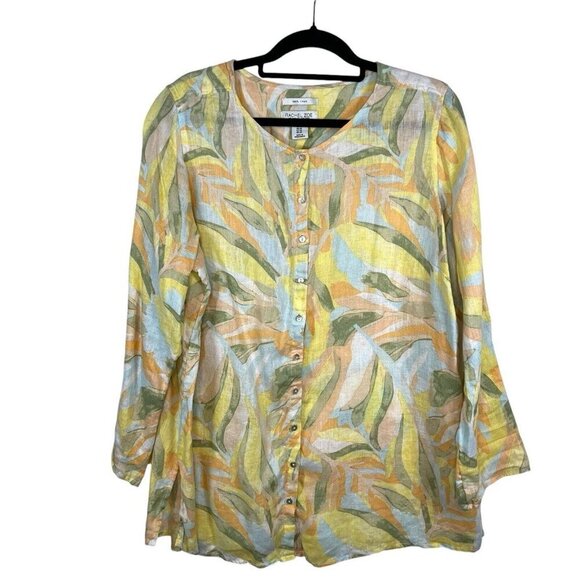 Rachel Zoe 100% Linen Tunic Top Womens 1X Pastel Tropical Roll Tab Sleeve - Picture 1 of 8